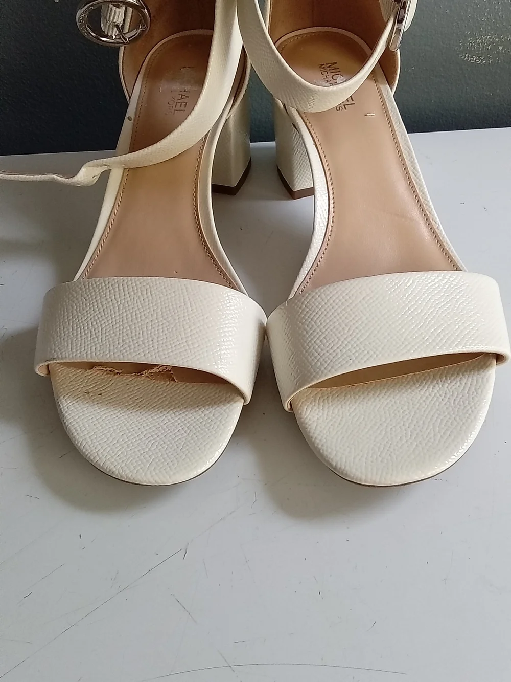 Michael Kors Cream Textured Block Heel Ankle Strap Sandal Off White Silver Buckl
